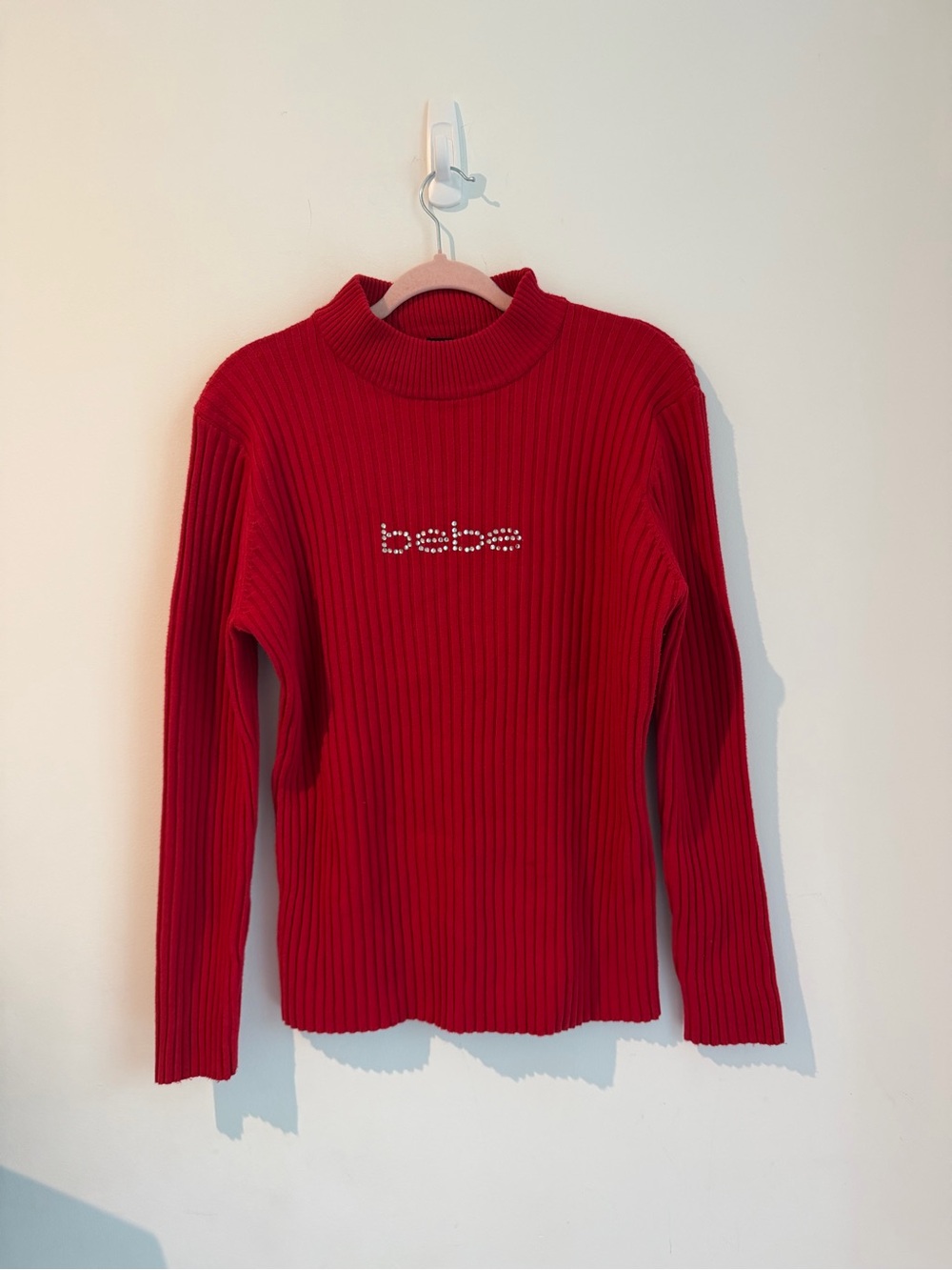 bebe Red Ribbed Mock Neck Sweater - Picture 2 of 4